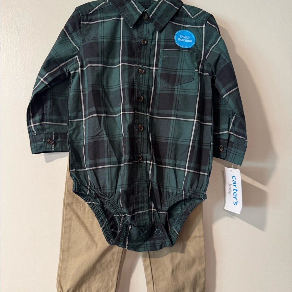 Carter's NWT Green Plaid Bodysuit with Khaki Pants